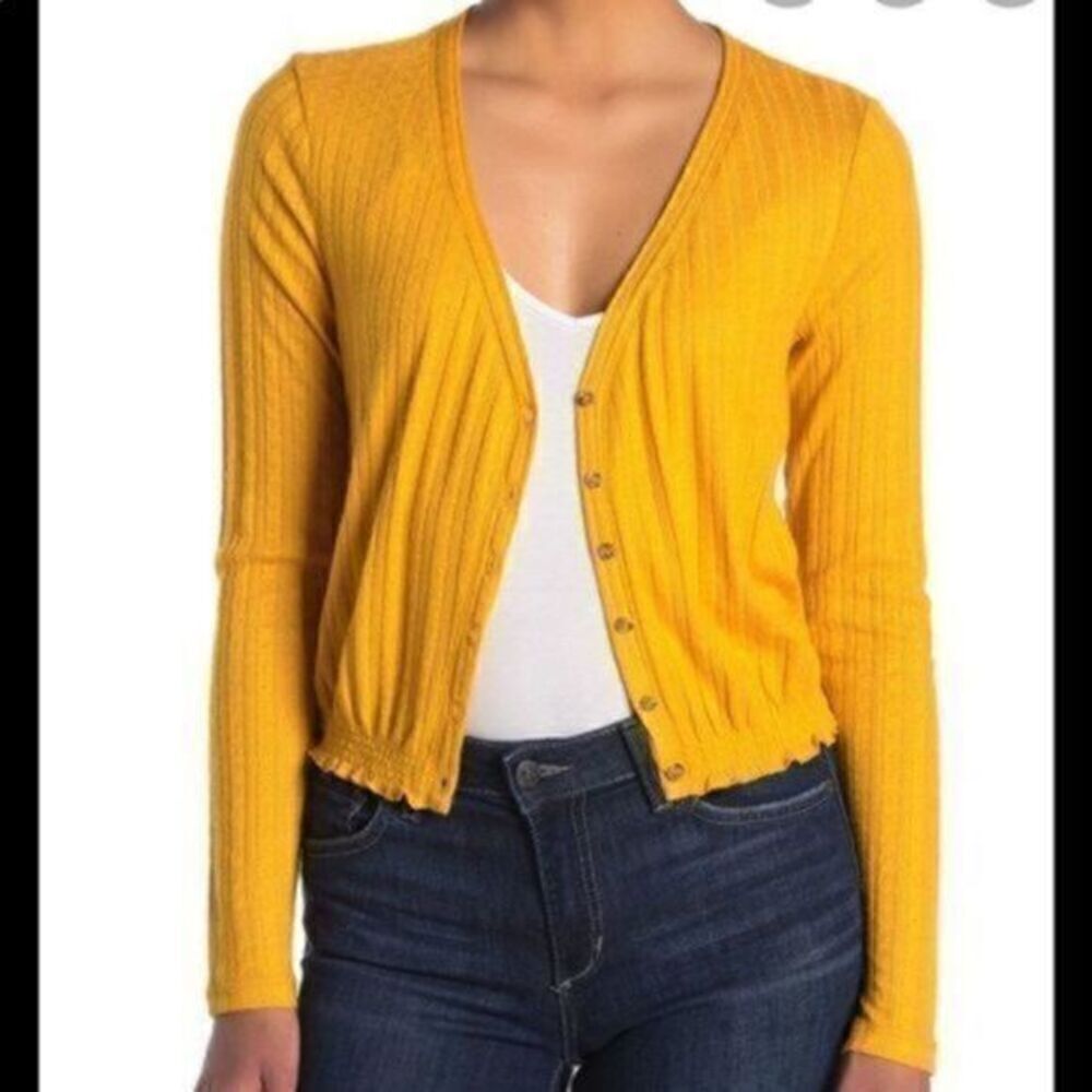 Abound Yellow Pointelle Knit V-Neck Crop Sweater Large